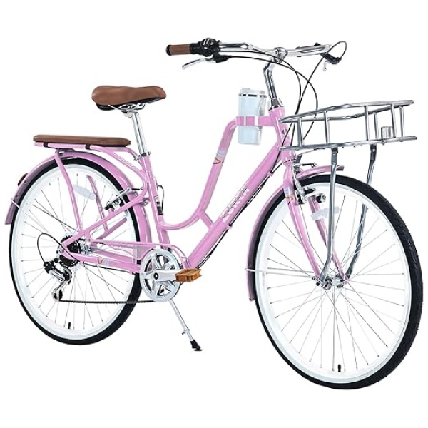 26 Inch Beach Cruiser Bike for Women, with Coffee Cup Holder (Cup Included),7 Speed Hybrid Bike with Basket & Adjustable Seat, Anti-Skid Tires &...