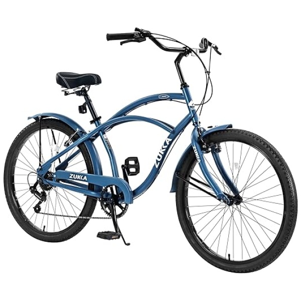 26 Inch Beach Cruiser Bike, Hybrid Cruiser Bike with Adjustable Seat, 7 Speeds Commuter Bike with Anti-Skid Tires& V-Brakes, Lightweight Carbon...