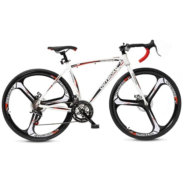 700C Wheel Road Commuter Bike, 14/21 Speed Shifter, Dual Disc Brakes Racing Bicycle with Light Aluminum Alloy Frame for Adult Men and Women(White Red)