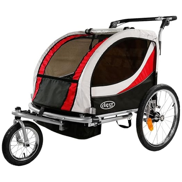 ClevrPlus Deluxe 3-in-1 Double 2 Seat Bicycle Bike Trailer Jogger Stroller for Kids Children | Foldable Collapsible w/Pivot Front Wheel