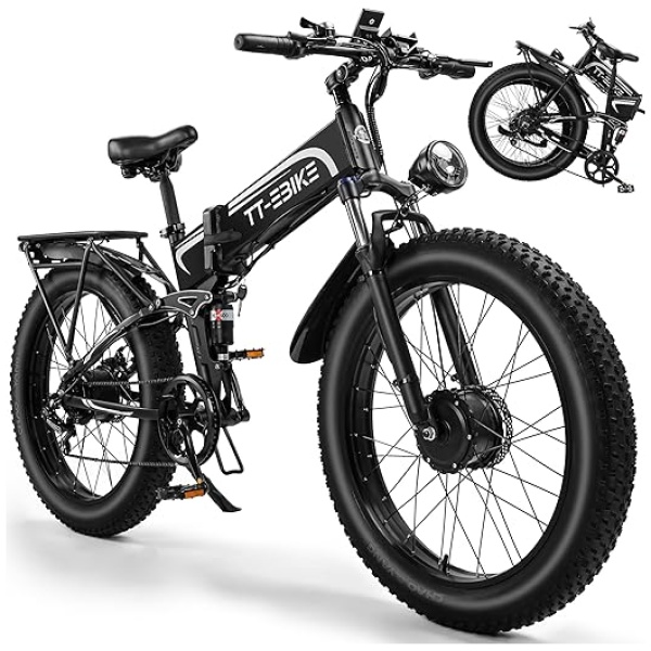 Dual:𝟑𝟎𝟎𝟎𝐖,𝟐𝟎𝟎𝟎/𝟏𝟓𝟎𝟎/𝟏𝟎𝟎𝟎𝐖 Folding Electric Bike Adults with 48V 23/20/17.5AH Battery, 26x4.0 Fat Tire Mountain E Bike, Full Suspension 31-38 MPH,...