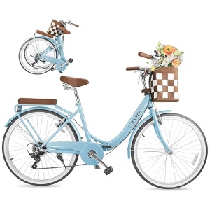 Foldable Beach Cruiser Bike for Women, 26 Inch Womens Bike with Basket, 7 Speed Commute Bike Adult Bicycles for Women, Lightweight Complete Cruiser...