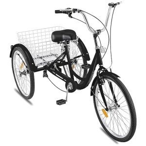 GEESEN 24 Inch Adult Tricycle Trike 3 Wheel Bike 6 Speed Shift 6-Speed Gears, Scout Trike + Shopping Basket (Black)