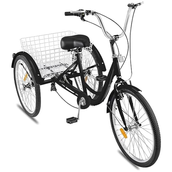 GEESEN 24 Inch Adult Tricycle Trike 3 Wheel Bike 6 Speed Shift 6-Speed Gears, Scout Trike + Shopping Basket (Black)