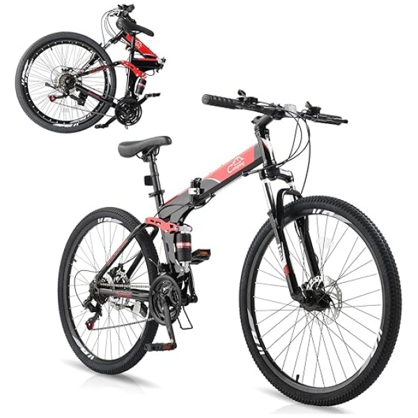 Ktaxon Folding Mountain Bike 21-Speed Adult Bikes 26 Inch Bike with High Carbon Steel Frame, Double-Kill Disc Brake System, Thickened...