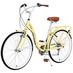 MEGHNA Hybrid Bike Low Step-Through 26inch Cruiser Bike Caliper Brake 7 Speed Shifter Driven City Bike for Women Senior Men