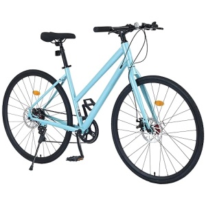 Men Women Beach Road Hybrid Bike, Carbon Steel Bicycles for Women Men, 7 Speed Commuting Bikes Ladies Bicycle 700C Bike with Dual Disc Brakes