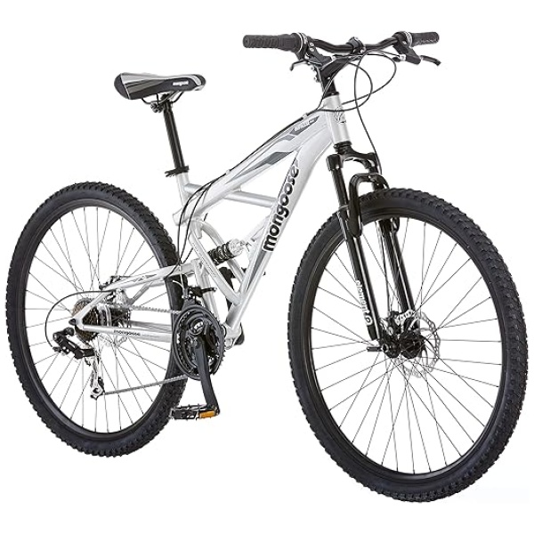 Mongoose Impasse Full Suspension Mountain Bike, Men and Women, 18-Inch Aluminum Frame, 29-Inch Wheels, Front and Rear Disc Brakes, Twist Shifters,...