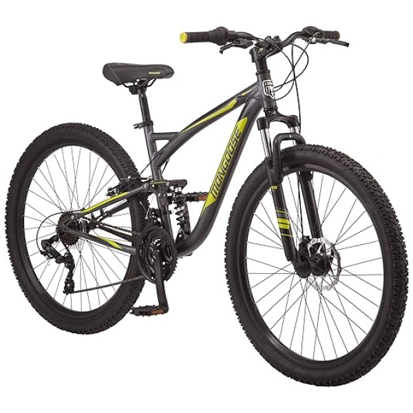 Mongoose Status Mens and Womens Mountain Bike, 26-27.5-Inch Wheels, 21-Speed, Aluminum Frame, Dual and Front Suspension