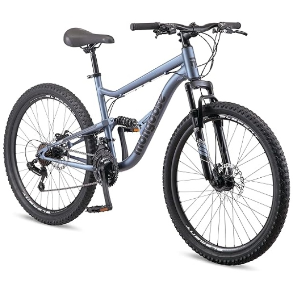 Mongoose Status Youth and Adult Mountain Bike, 24-27.5-Inch Wheels, 21 Speed Trigger Shifters, Aluminum Frame, Dual Suspension, Front and Rear Disc...