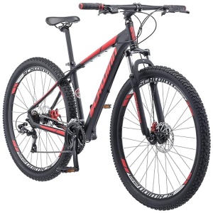 Schwinn Bonafide Men and Women Mountain Bike, Front Suspension, 24-Speed, 29-Inch Wheels, 17-Inch Aluminum Frame, Matte Black/Red