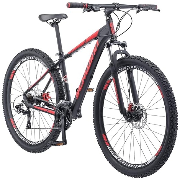 Schwinn Bonafide Men and Women Mountain Bike, Front Suspension, 24-Speed, 29-Inch Wheels, 17-Inch Aluminum Frame, Matte Black/Red
