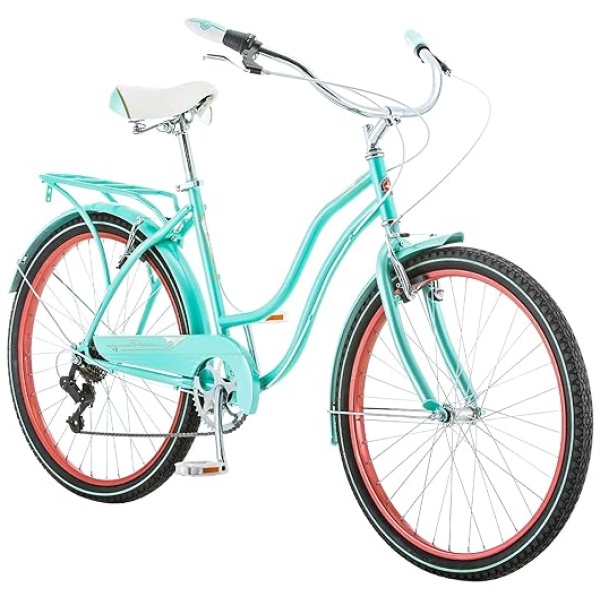 Schwinn Perla Adult Beach Cruiser Bike, Men and Women, 18-Inch Step-Through Steel Frame, 26-Inch Wheels, 7-Speed Twist Shifters, Rear Rack, Front...