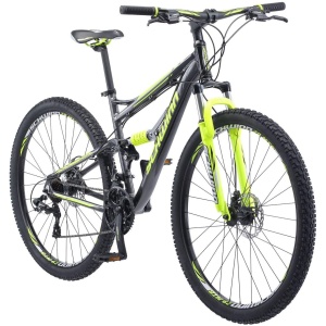 Schwinn Traxion Mens and Womens Mountain Bike, 29-Inch Wheels, 24-Speed Shifters, Full Suspension, Mechanical Disc Brakes, Blue/Grey