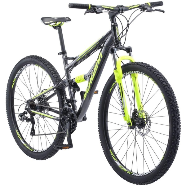 Schwinn Traxion Mens and Womens Mountain Bike, 29-Inch Wheels, 24-Speed Shifters, Full Suspension, Mechanical Disc Brakes, Blue/Grey
