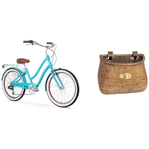 sixthreezero EVRYjourney Women's 7-Speed Step-Through Hybrid Bicycle Bundle with Nantucket Adult Rattan Lightship Classic Bicycle Basket