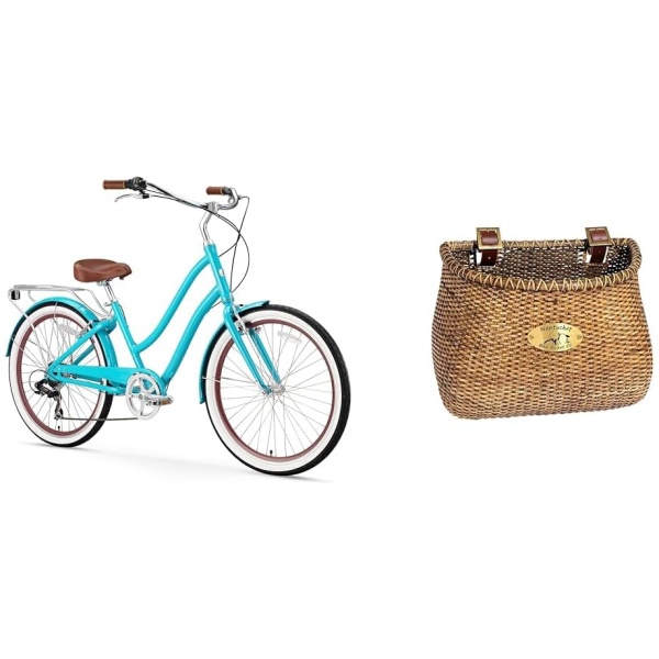 sixthreezero EVRYjourney Women's 7-Speed Step-Through Hybrid Bicycle Bundle with Nantucket Adult Rattan Lightship Classic Bicycle Basket