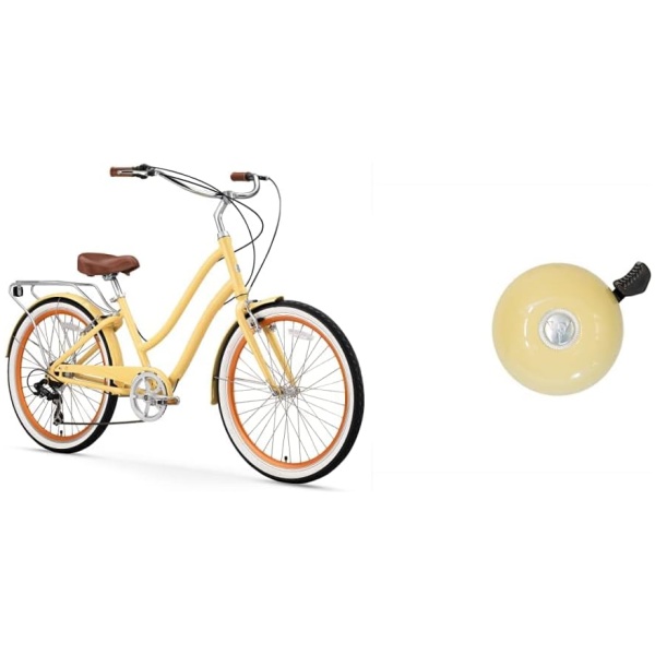 sixthreezero EVRYjourney Women's 7-Speed Step-Through Hybrid Cruiser Bicycle, 26" Wheels with 17.5" Frame, Cream with Brown Seat and Grips,...