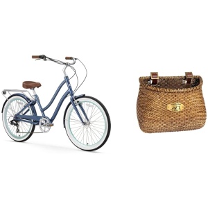 sixthreezero EVRYjourney Women's 7-Speed Step-Through Hybrid Cruiser Bicycle, 26" Wheels and 17.5" Frame, Navy with Brown Seat and Grips (630035)
