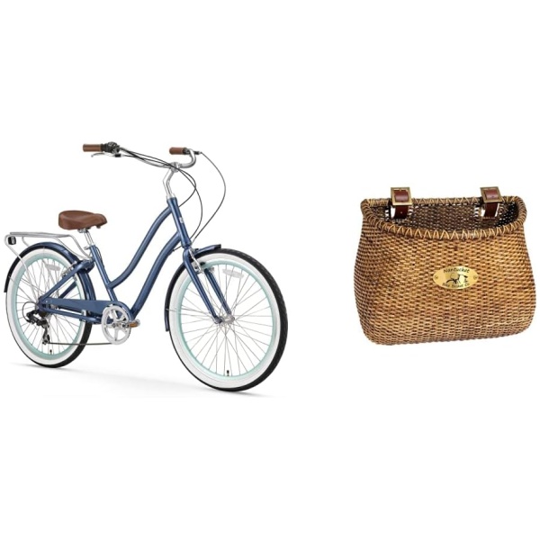 sixthreezero EVRYjourney Women's 7-Speed Step-Through Hybrid Cruiser Bicycle, 26" Wheels and 17.5" Frame, Navy with Brown Seat and Grips (630035)