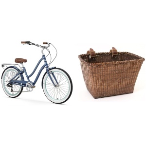 sixthreezero EVRYjourney Women's 7-Speed Step-Through Hybrid Cruiser Bicycle, 26" Wheels and 17.5" Frame, Navy with Brown Seat and Grips (630035)