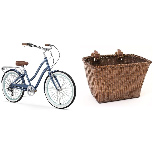 sixthreezero EVRYjourney Women's 7-Speed Step-Through Hybrid Cruiser Bicycle, 26" Wheels and 17.5" Frame, Navy with Brown Seat and Grips (630035)