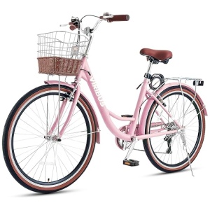 Viribus Womens Bike, 7 Speed Bike for Adults Women 24 26 inch with Ratten Basket, Beach Cruiser Bike for Women, Womens Bicycle for Commuting, Step...